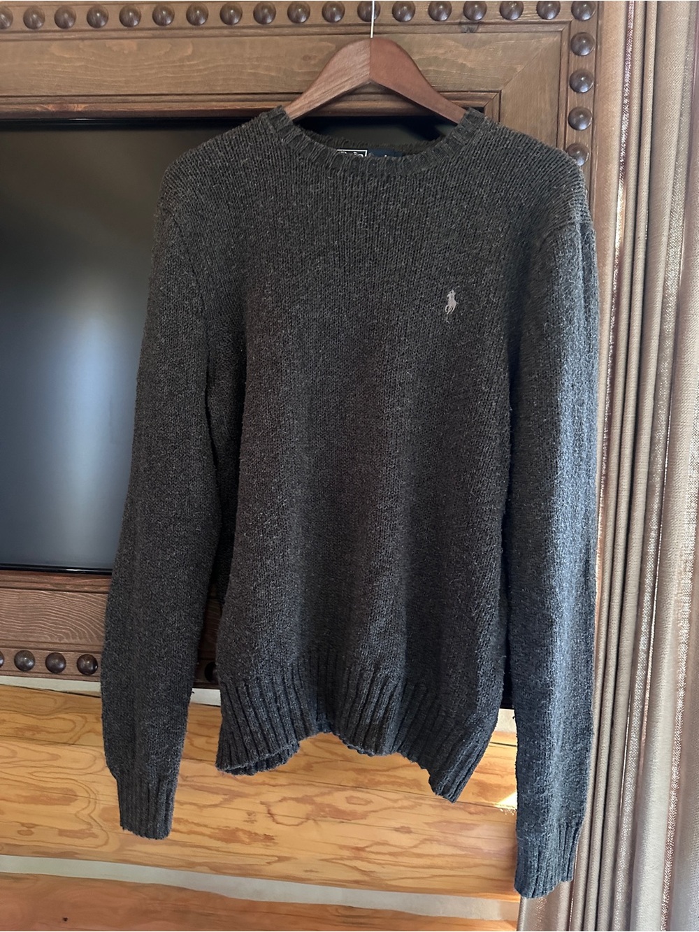 Polo by Ralph Lauren Dark Gray Crewneck Wool Sweater 76% cotton 24% linen